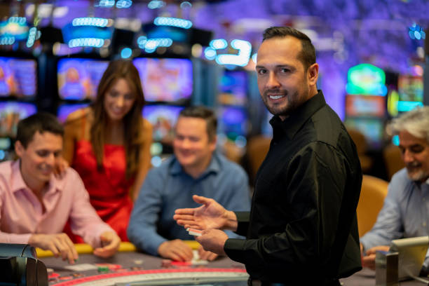 Live card game dealer in professional studio with multiple camera angles